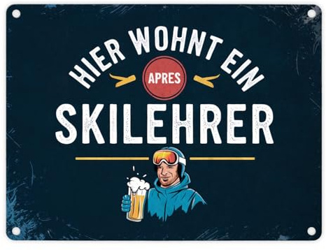 speecheese Metallschild in 15x20 cm Hier wohnt Apres Skilehrer Dunkelblau | für Après-Ski-Liebhaber ideal für Skifahrer mit Leidenschaft für Skifahren Bier