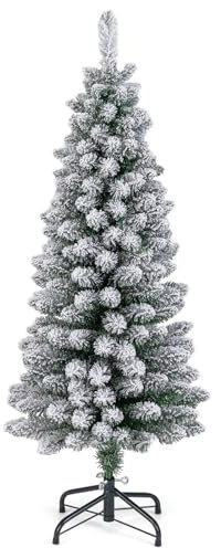 COSTWAY 4FT/5FT/6FT Artificial Christmas Tree, Snow Flocked Xmas Tree with 240/328/460 Branch Tips and Foldable Metal Stand, Slim Pencil Seasonal Decoration Tree for Small Spaces Home Party (4FT)