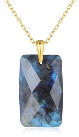 COAI Damen Kristall Halskette mit Labradorit rechteckigem Anhänger und goldplattierter Edelstahlkette für Frauen