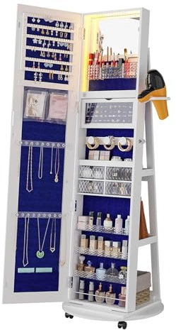 SanzIa Armoire à Bijoux Pivotante 360° avec Éclairage LED, Armoire de Toilette Verticale Verrouillable, Grande Capacité, Étagères de Rangement à L'arrière, Support pour Sèche-Cheveux