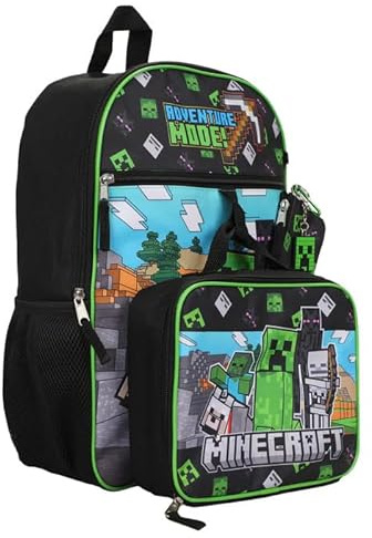 Minecraft Schulrucksack Set 5-teilig – Rucksack mit Lunchtasche, Federmäppchen, Schlüsselanhänger & Karabiner – Adventure Mode Design für Jungen