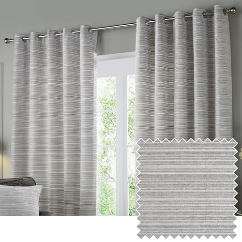 Paoletti Jupiter Room Darkening Eyelet Curtain Pair – Elegant Jacquard Chenille Lined Ring Top Drapes (Silver - 117x183cm)