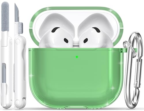 RFUNGUANGO AirPods 4 Hülle Transparent TPU Reinigungsset, Grün | Weiche transparente TPU-Schutzhülle passend für Apple AirPods 4 Modell 2024 mit praktischem Reinigungsset