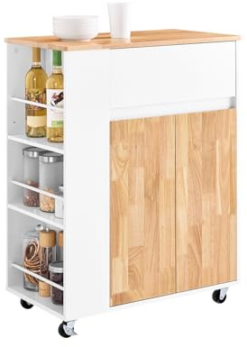 SoBuy Servierwagen mit Rollen, 3 Ablagen & Schutzstäben, 70×90×40cm | Küchenwagen mit Schublade, Schrank & verstellbaren Böden, 68 kg Tragkraft, MDF/Gummibaum, für Küche & Esszimmer, FKW132-WN
