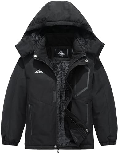 QUCOOM Kids Boys Winter Ski Jacket Warm Snowboard Coat Fleece Lined Waterproof Hooded Coat, black, 13-14