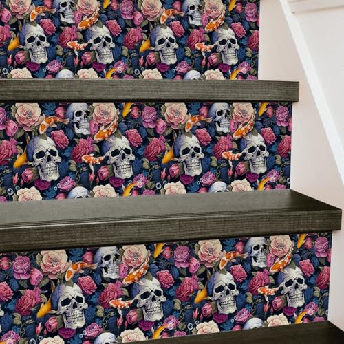 Funlife 14Pcs Gothic Stair Riser Decals Peel and Stick Stair Treads Stickers, Dark Black Skull