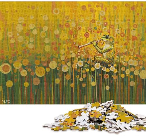 1000-teiliges quadratisches Holzpuzzle „Frosch spielt Flöte im Blumenfeld“ für Erwachsene, 1000 Teile (75 x 50 cm)