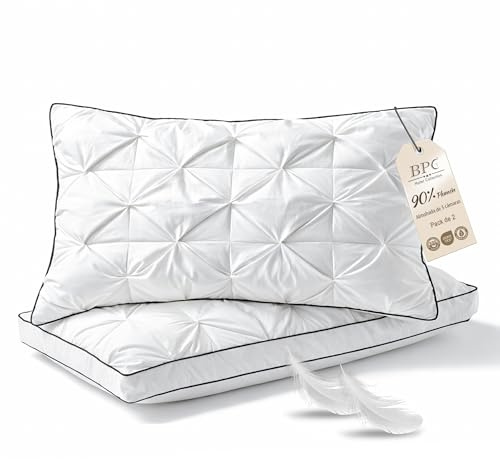 BPC Daunenkissen 40x80 cm 2er Set, 3-Kammer Kopfkissen | 90% Daunen außen & Federkern | Weich und formstabil | 100% Bio-Baumwoll-Bezug | Waschbar & pflegeleicht