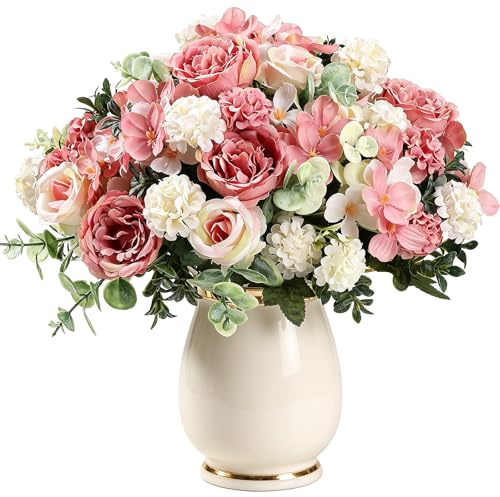HUANYO 2 Bunches Artificial Flowers, Realistic Fake Peonies & Roses Bouquet with Filler, Faux Silk Flowers for Home Decor, Wedding Party, Table Centerpiece, Indoor Outdoor (Pink)