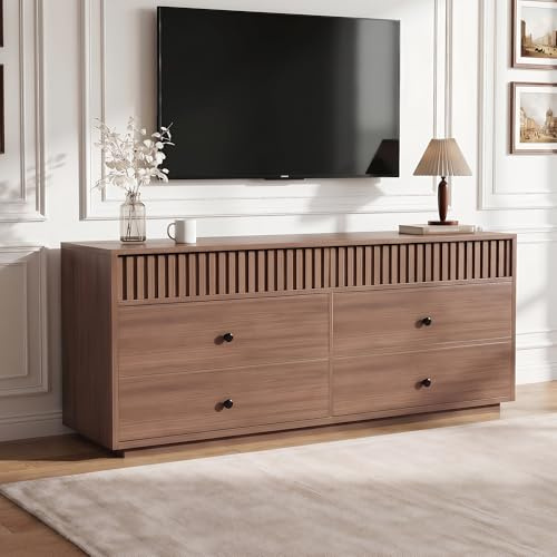 TFFCIC Schubladenkommode Lowboard Stehend 160 cm Breit mit 6 Schubladen, Sideboard Kommode aus Holz, Schrank mit Geriffelter Front und Stauraum für Wohnzimmer/Schlafzimmer 160 x 40 x 65 cm (Walnuss)