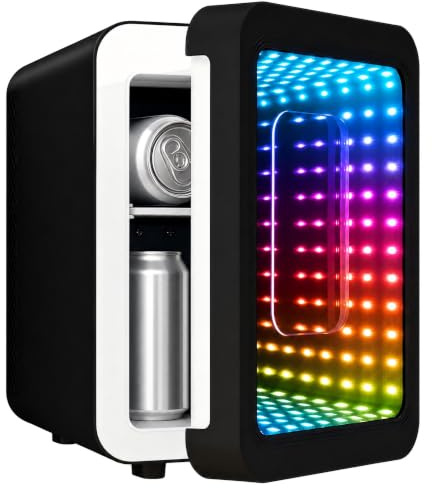 ARTETHYS Mini Fridge for Bedrooms, 4L Skincare Fridge with 8 Lights Mirror | Small Gaming Fridges with Infinity Effect for Home Office Skin Care, 220V AC/12V DC, Black