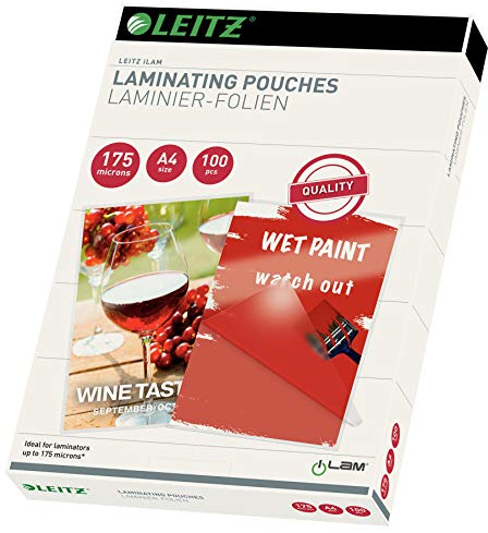 Leitz Heißlaminierfolien A4 175 mic, Hochwertige Laminierfolien im 100er Pack, mit abgerundeten Ecken, transparent, glänzend, für den Einsatz zu Hause oder im Büro, 16933