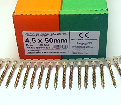 1000 Stück magazinierte OSB Verlegeschrauben 4,5 x 50 mm Gurtschrauben gelb verzinkt PH2 Magazinschrauben