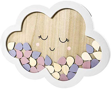 PartyDeco Gästebuch aus Holz 30.5x43cm in Wolkenform mit Tropfen zum beschriften für Hochzeit Geburtstag weiß bunt