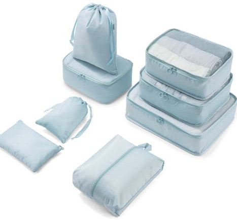 Meowoo 8-teilig Koffer Organizer Set, Packing Cubes, Packwürfel für Urlaub & Business, Reise Organizer mit Kleidertaschen, Gepäck Aufbewahrung Taschen, Ordnungssystem für Koffer (Himmelblau)