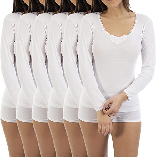 Lacotex Camiseta Interior Cálida de Mujer | Camiseta Manga Larga y Cuello Pico Bordado | Confort y Protección Cálida Interior | Pack Ahorro 6 Unidades | Talla S L137