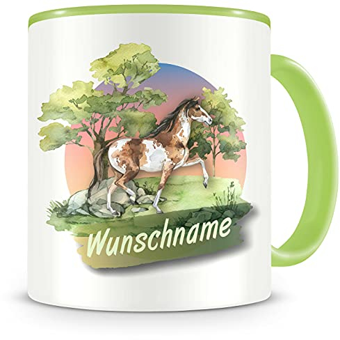 Samunshi® Kindertasse mit Namen Tasse Pferd Personalisierte Tasse mit Namen Kinder Kinderbecher mit Namen Kindergarten grün 300ml