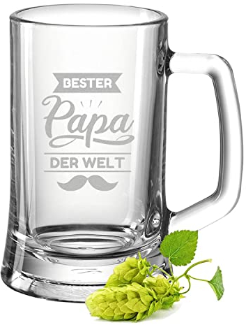GRAVURZEILE Bierkrug mit Gravur - Bester Papa der Welt V2 - Geschenk für Männer - Geschenke für Papa zum Vatertag Geburtstag oder zu Weihnachten - Bierseidel als Geschenk für Ihn - Größe: 0,5 L