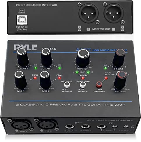 Pyle Professional USB Audio Interface with MIC, Guitar, AUX Stereo Inputs, Phone/Monitor Outputs, Ideal for Computer Playing & Recording, Compact Rugged Metal Housing - PMUX6