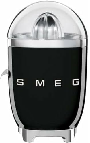 Smeg, Spremiagrumi Elettrico CJF11BLEU, Spremitura a Pressione Manuale, Beccuccio Antigoccia e Cono Universale, Base Antiscivolo, Avvolgicavo Integrato, 70W, Nero