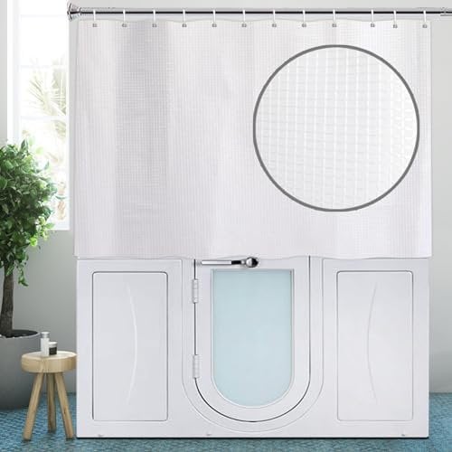 YISURE Short Shower Curtain, White Waffle Textured Fabric Waterproof Bath Curtain Sets 180x122cm，shower curtain for Walk in tub with Plastic Hooks