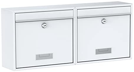 BASI Briefkasten 2er Set | Wandbriefkasten aus Stahl | Farbe Weiß | mit Namensschild | Zylinderschloss mit 2 Schlüssel | inkl. Befestigungsmaterial | Briefkastenanlage | 2 Stück
