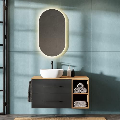 Planetmöbel LUX Badmöbel Set Waschbecken mit Unterschrank 100 cm, Aufsatz-Waschbecken 42 cm weiß, Spiegel 50 cm (ohne LED), Waschbeckenunterschrank Gold Eiche/Anthrazit