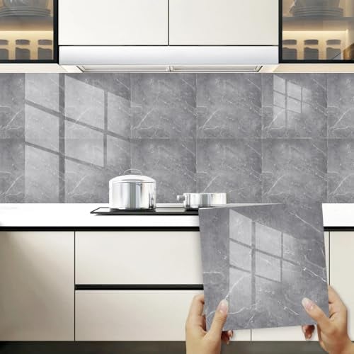 KITERI 10 Sheet Marble Tile Stickers, 30 * 30cm Grey Bathroom Tiles Self Adhesive Wall Tiles Stickers PET Marble Stick on Tile Peel and Stick Backsplash for Home Kitchen Decor