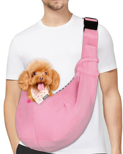 PETLOFT Sac de Transport pour Chien, Réversible Sling Bandoulière Réglable, avec Crochet de Collier pour Chiot/Chat/Lapin Jusqu'à 4.99kg, Rose Clair