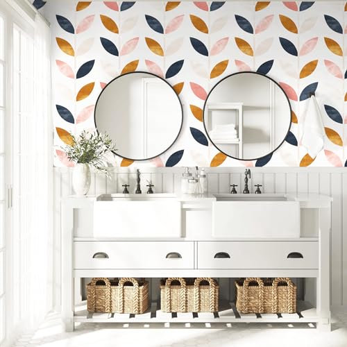 HAOKHOME Self Adhesive Wallpaper Boho Removable White/Tan/Navy Vinyl Self Adhesive Kids Wallpaper for Girls Bedroom Decor 3m x 44.5cm