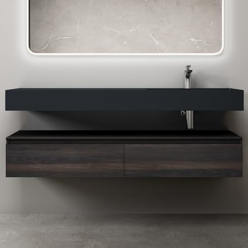 Mai & Mai Badmöbelset Waschtisch mit Unterschrank Dunkelbraun 150x48x25cm mit Soft-Close Schubladen inkl. Mineralguss-Waschbecken in matt Anthrazit UP