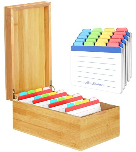 Neando Bambus-Rezeptkarten-Organizer für 4 x 6 Karten – Holz-Karteikarten-Aufbewahrungsbox mit Deckel, 4 Fächer, 600 Karten, inklusive 20 Reiterführungen – Natürliches Küchenheftsystem