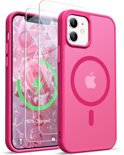 ORETECH für iPhone 12 Hülle mit 2 Stück Schutzfolie, Magnetische Durchscheinende Matt Handyhülle iPhone 12 Kompatibel mit Mag-Safe,Magnetisch Hülle für iPhone 12/12 Pro Heißes Rosa