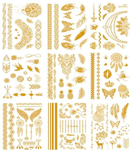YEJAHY 9 Fogli 125+ Oro Flash Tatuaggi Temporanei per Adulti e Donne - Gadget Festival, Impermeabili per Abbigliamento e Accessori per Feste