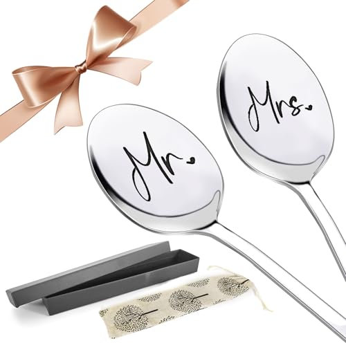 Engraved Coffee Spoons, Mr and Mrs Gifts Spoons Stainless Steel Coffee Spoon Mr and MrsSpoon Wedding Gifts for Couple Newlyweds Valentines Tea Dessert (Mr and Mrs, 7.7 inch)