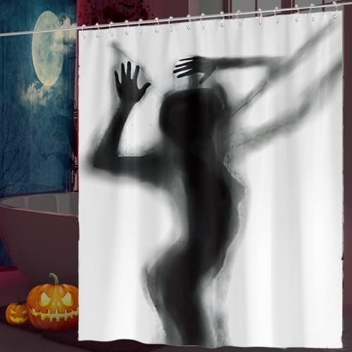 KoMico Tenda da doccia horror, 183 x 183 cm, impermeabile, spaventose mani insanguinate, set con ganci per decorazioni per il bagno della casa infestata (colore nero e bianco)
