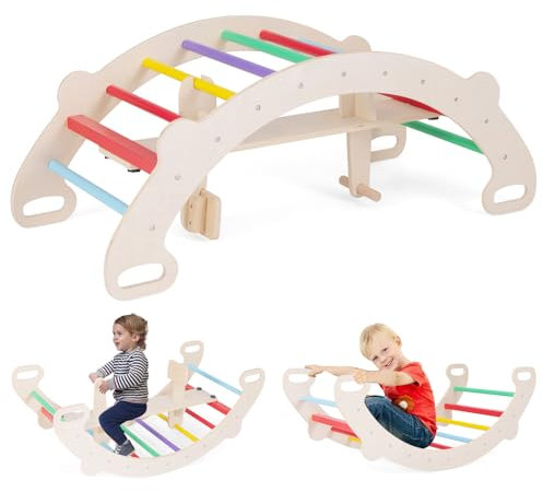 DREAMADE Montessori Kletterbogen & Bogenwippe, Indoor Spielplatz, Regenbogen aus Holz, Klettergerüst Indoor für Kinder ab 1 Jahr