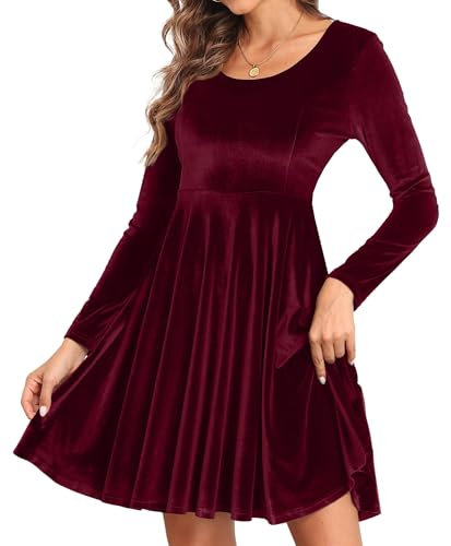 CheChury Women Velvet Dress A-Line Long Sleeve Dresses for Women Round Neck Swing Flared Mini Dress Elegant Party Cocktail Evening Dress Tunic Dresses for Autumn Winter,Wine Red,L