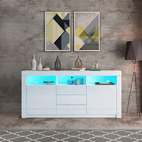 Sideboards for Living Room, Modern Kitchen Cabinet with 2 Doors 3 Drawers, LED Storage Cupboard TV Stand Unit with Led Light, White, 160 x 35 x 72cm
