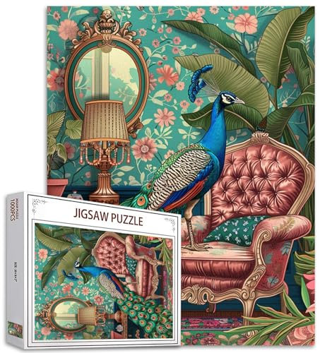 Jungle Peacock on Sofa Art Jigsaw Puzzles for Adults 1000 Pieces,Wild Animals Boho Jigsaw Puzzle Colorful DIY Puzzles for Home Decoration Gifts,Family Challenging Perfect for Game Nights