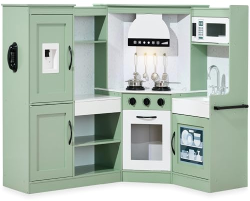 Best Choice Products Pretend Play Corner Kitchen, Ultimate Interactive Wooden Kids Playset w/Lights & Sounds, Ice Maker, Hood - Sage