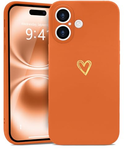 Wirvyuer for iPhone 16 Cute Heart Case for Women, Orange | Skin-feel Soft Silicone, Love-Heart Pattern Design Phone Case, Shockproof Protective Slim TPU Bumper Cover for Girls