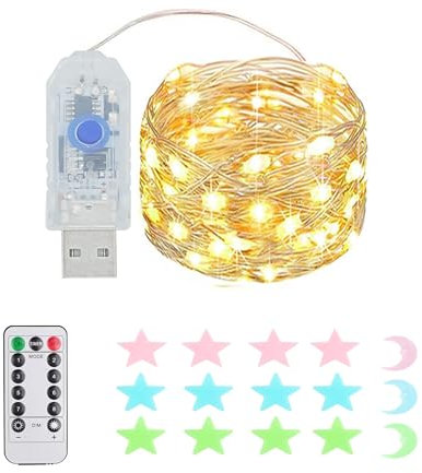 1 Stück LED Lichterkette, 50LED 5M / 17Ft 8 Modi USB lichterkette außen/innen Wasserdichte mit Fernbedienung für Schlafzimmer, Hof, Hochzeit, Weihnachten, DIY etc (Warmweiß)
