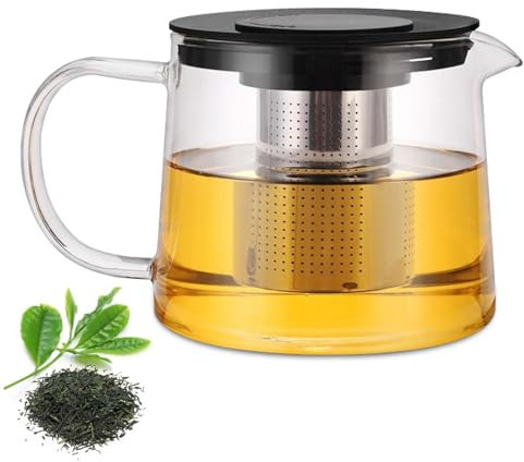 GlasTeekanne, 1,5L Hitzebeständig Glaskanne mit Herausnehmbarem Edelstahl-Teesieb und Deckel Teekanne mit Siebeinsatz Teekanne Thermo für blühenden Tee und losen Blättertee