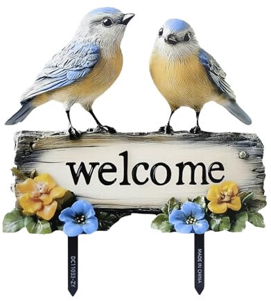 LWINGFLYER Garden Decoration Blue Bird Stake with Welcome Sign Plastic Ornamen for Indoor Outdoor Party Supplies