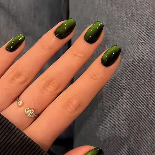 Neon Green Cat Eye Press on Nails Short Square, SXVME Glitter False Nails Sparkly Shiny Black Fake Nail Press on With Design, Cute Bling Extra Short Coffin Stick on Nail for Women Christmas 30 Pcs