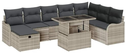 vidaXL Garten-Sofa-Set mit Kissen 9 pcs Hellgrau Poly Rattan, Garten und Terrasse, modernes modulares Sofaset, UV-beständig, leichtes Outdoor-Lounging, mit Stauraum