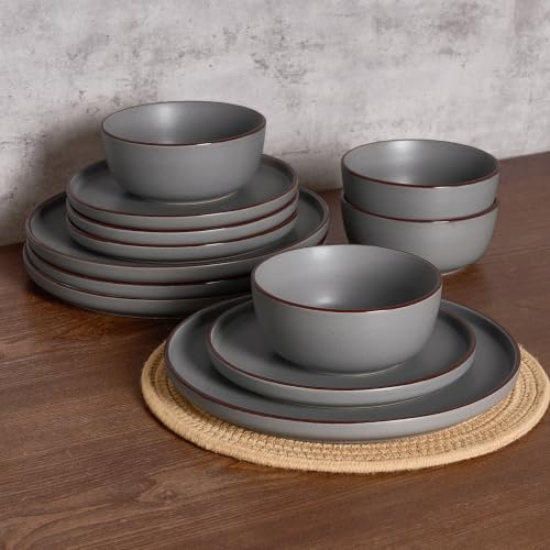 Richmount Mercury Service de Table 12 Pièces, Céramique pour 4 Personnes avec Assiettes et Bols, Micro-ondes et Lave-vaisselle, Gris Foncé