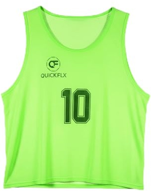 QUICKFLX Träningsvästset – 10 fotbollslivar med nummer (1–10) för barn och vuxna – ventilerande tröjor inklusive domarkort, Ljusgrön, Kinder (M)