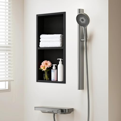 JAOGAUS Recessed Shower Niche of 304 Stainless Steel, Corrosion Resistance | Recessed Wall Niche Double-Layer, Shower Niche with Hollowed-Out Divider, Easy to Clean, For Shampoo and Shower Gel